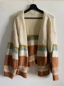 Women's Stripe Open Front Cardigan Small Cable Knit Fuzzy Boho Costal Cozy - Picture 1 of 8