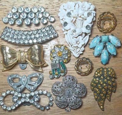 Antique Art Deco Paste Stone Celluloid Glass Rhinestone SG D'or Shoe Clip Lot - Image 1 of 4