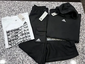 NWT ADIDAS BOY'S 3 pc SET WHITE SHORT SLEEVE BLACK HOODIE CARGO JOGGERS L 14-16 - Picture 1 of 4