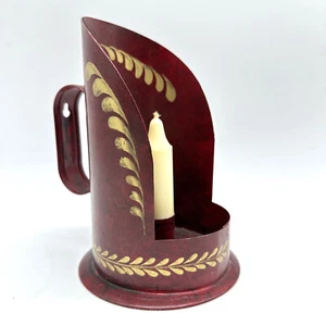 Vintage Burkart Verplanck Tin Sconce Candlestick Holder Toleware w/ Handle Red - Picture 1 of 6