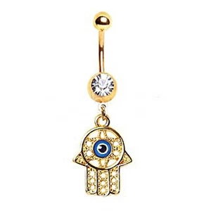 Belly Ring Hamsa Hand Eye Gold IP w/Clear Gem Dangle Naval - Picture 1 of 3