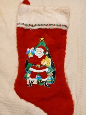 Vintage1970s MCM Christmas Stocking Faux Fur 3D Plastic Feel Santa Claus 13" - Image 1 of 4