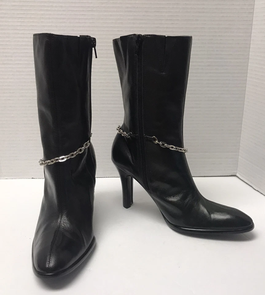 Botines Hillard & Hanson Talla 6.5M Cuero Negro Cadena Acento Punta Foto 1 de 4