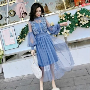 Ladies Lace Hollow Out Puff Sleeve Floral Dress Retro Mesh Elegant Fairy Lolita - Picture 1 of 16