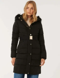 FOREVER NEW Ariana Black Long Hooded Puffer Jacket Size 6 - Picture 1 of 15