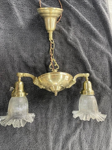 Antique Original Restored And Rewired Two Arm Pan Light With Ruffled Shades Cover