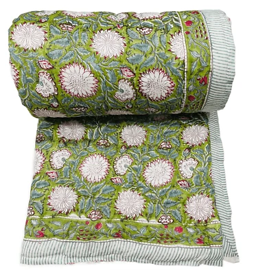 Indian Hand Block Print Green Quilt Cotton Queen Handmade Quilt,Jaipur Razai - Image 1 of 4