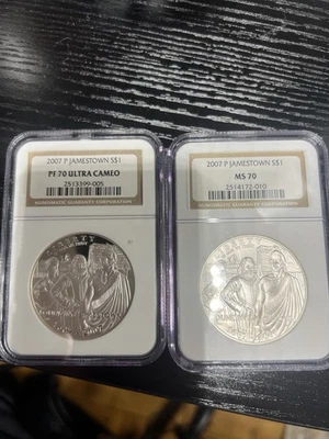 2007-P 2 JAMESTOWN  SILVER DOLLARS NGC PF70&MS70 GEMS - Image 1 of 2