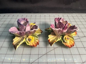 Vintage Ceramic Parrot Tulip Candlestick Candle Holders ~ Purple & Multicolor - Picture 1 of 5