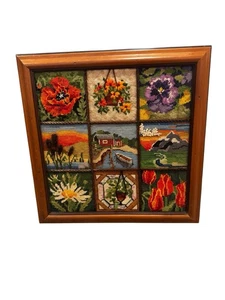 Framed Vintage Needlepoint 9 Panel Floral Mountains Farm Nature 18 X 18 - Picture 1 of 5