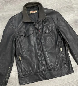 Vintage Levi's Leather Trucker Jacket - Size M - Black - Picture 1 of 9