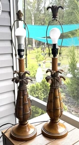 Buffet Table Lamp Pair Palm Tree Bamboo Tropical Beach Resin Wood Look - Picture 1 of 10