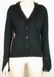 CARRIE FORBES FIRENZE BLACK MERINO WOOL SWEATER CARDIGAN SHEER SILK TRIM SZ M/L - Picture 1 of 7
