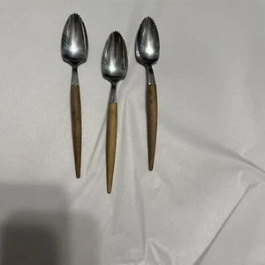 Cubiertos vintage de 3 cucharas de pomelo con mango de madera marrón inoxidable Japón - Imagen 1 de 7