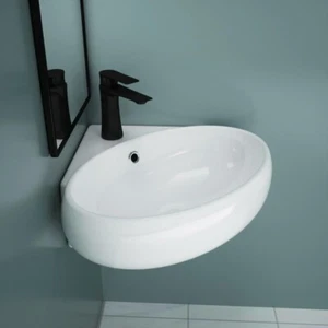 Durovin Cloakroom Wash Basin Ceramic Wall Hung Corner Compact Sink 400x380mm - Picture 1 of 8