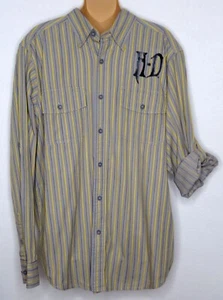 Harley Davidson Shirt Large Gray Yellow Stripe Spellout Long Sleeve Button Up - Picture 1 of 9