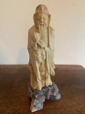 "Antigua figura china de piedra de jabón tallada de Shou Shouxing Wiseman 6"" con niño" Foto 1 de 4