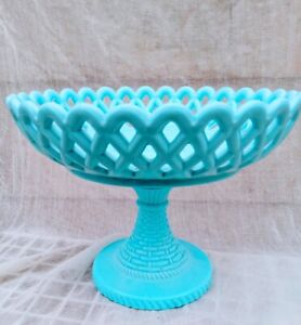 Antique Blue Milk Glass Compote  Pedestal Bowl Basket Weave Challinor & Taylor