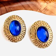 Vintage Galleria Gripoix Glass Earrings Cabochon Clip On Blue Gold T Oval 4616