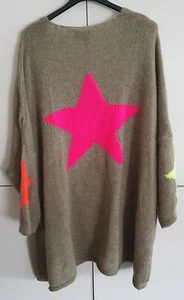 ! NEU ! ITALY Cardigan Strickmantel Jacke khaki Gr. 36-44 (46) Stern pink - Bild 1 von 2