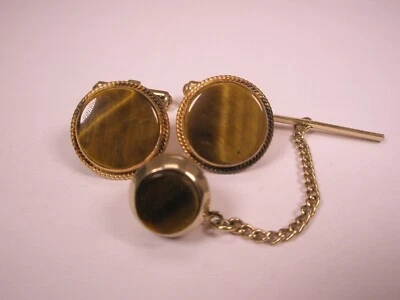 Genuine Tiger's Eye Quality Gold Tone Vintage HINGED Cuff Links & Tie Tack set - Image 1 of 4