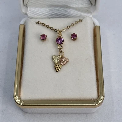 Black Hills Gold Birthstone Earring & Necklace Set 10K Pink Zircon October - Image 1 of 2
