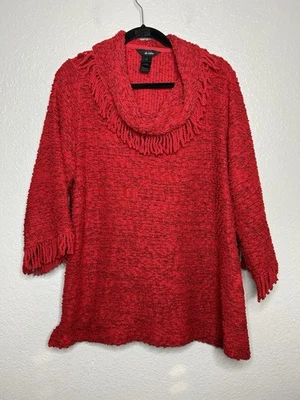 Ali Miles Rojo Suéter Camisa Flecos Tejido Capucha Cuello Vacaciones Navidad Talla 1X Foto 1 de 4