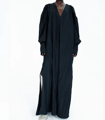 H&M Studio S/S 2024 kaftan maxi dress sz S black tunic crinkle long sleeves - Image 1 of 4