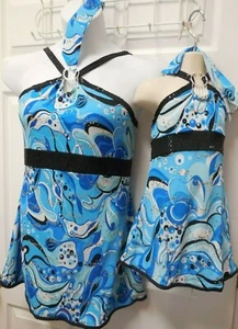  Blue Paisley Print 70's Style Mini Dress Dance Costume Top Dress Ch/Ladies NWT - Picture 1 of 9