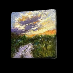 mini Landscape Acrylic  painting on stone, Sealed And Signed, 4 X 4 Inch L3 - Picture 1 of 10