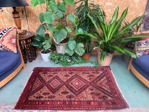 Vintage Afghan Dorf Teppich 138x85 cm, rot, schwarz Tribal klein - Bild 1 von 11