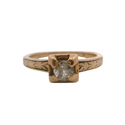 Antiguo anillo solitario de diamantes de mina antiguo conjunto de 4 puntas de oro rosa de 14kt de la década de 1880 talla 6 Foto 1 de 4