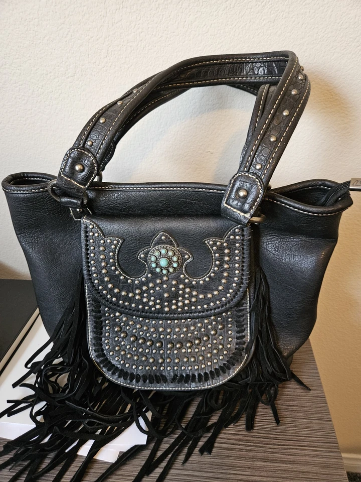 MONTANA WEST Black Studded Leather Conceal Carry Shoulder Handbag Purse Bag  - Image 1 of 4