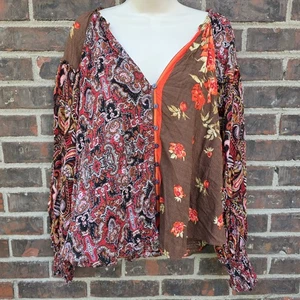 Free People Top Sz M Floral Brown Fall Gemini Button Up Paisley Boho Shirt - Picture 1 of 7