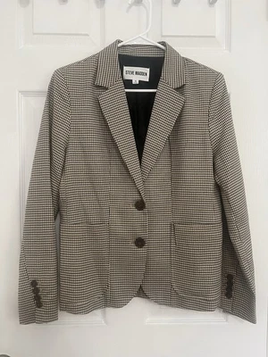 Blazer informal Steve Madden pata de gallo a cuadros Preppy bolsillos delanteros con botones marrón S Foto 1 de 4