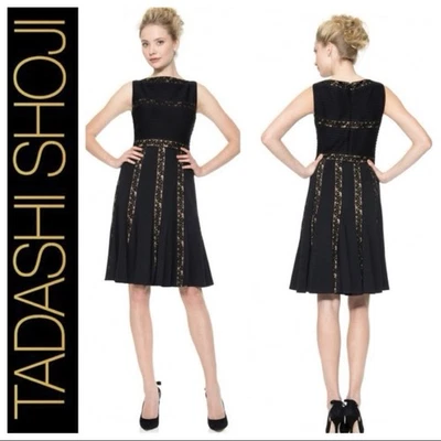 Vestido TADASHI SHOJI ☆ Negro Pintuck Encaje Jersey Calce y Acampanado ☆ Talla Pequeña ☆ Nuevo con Etiquetas Foto 1 de 4