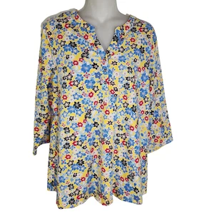 Denim & Co. Mujer Henley Top Estampado Textura Tejido Manga 3/4 Limón Grande Floral - Imagen 1 de 10