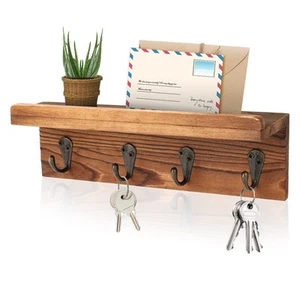 Rustic Key Holder For Wall Farmhouse Wall Shelf With 4 Hooks Wall Mounted Key Ra - Picture 1 of 7