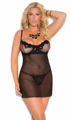 Conjunto de panty babydoll de malla bordada con aros transparentes negras 4864 talla grande 2X Foto 1 de 4