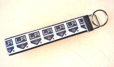 LA KINGS Key Chain Wristlet Black / White Ribbon Key Fob, NHL Handmade Free Ship Cover