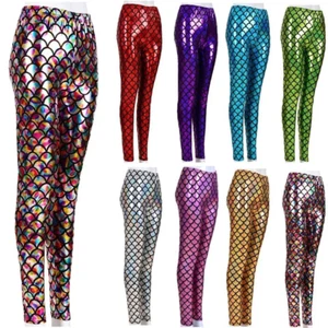 KIDS MERMAID FISH SCALE METALLIC HOLOGRAPHIC GEOMETRIC STRETCH LEGGINGS PANTS - Picture 1 of 28