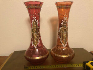 AUSTRIAN CRANBERRY GLASS VASES (PAIR) - GOLD & WHITE FLORAL ENAMEL 1890-1910