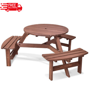 Outdoor Wood Patio Picnic Table Bench Seat Furniture Set Umbrella Hole 6 Person