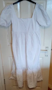 H&M Cool White Cotton Summer Midi Dress Puff Sleeve Square Neck (Small) - Picture 1 of 2