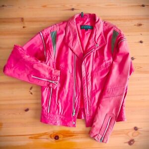 Vintage STRATEGE Real Leather Biker Aviator Pink Jacket Removable Sleeves Siz 40