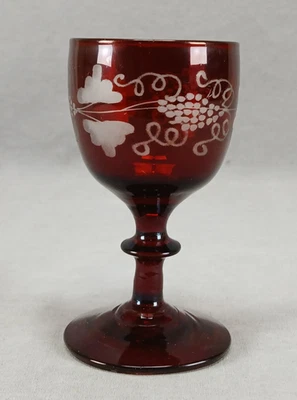 19th Century Bohemian Engraved Grapevine Ruby Flashed Wine Glass C. 1860-1870s - Image 1 of 4