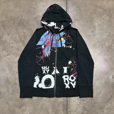 Vintage Y2K Roxy Zip Up Hoodie Womens Small Black Surf Skater Flower Logo Cyber - Imagem 1 de 4