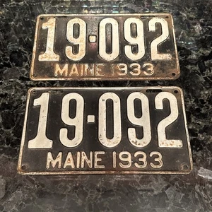 Vntg PAIR 1933 Maine License Plates # 19-092 Nice Set Tag - Picture 1 of 4