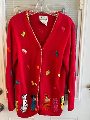 Quacker Factory Sweater Cat Dogs Poodle Embroider Red Cardi Button Rare EUC Sz S - Image 1 of 4