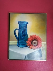 BLUE VASE AND SUNFLOWER Original Oil Hand Painted Still Life Art by JV 16X 20in. - Picture 1 of 1